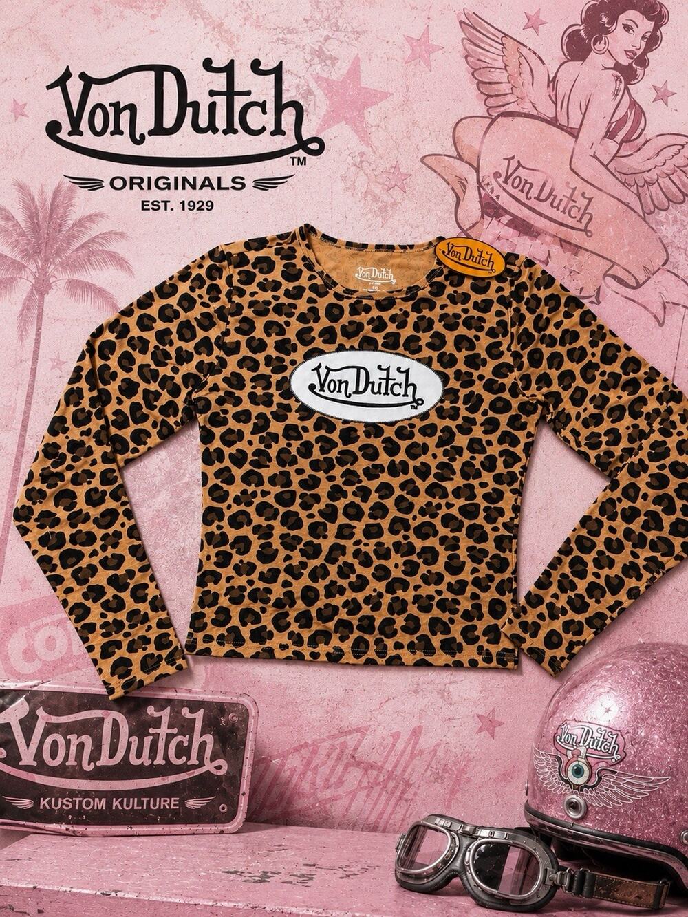 Von Dutch Leopard Print Crop Top Long Sleeve Logo Shirt Women’s Size Large LG